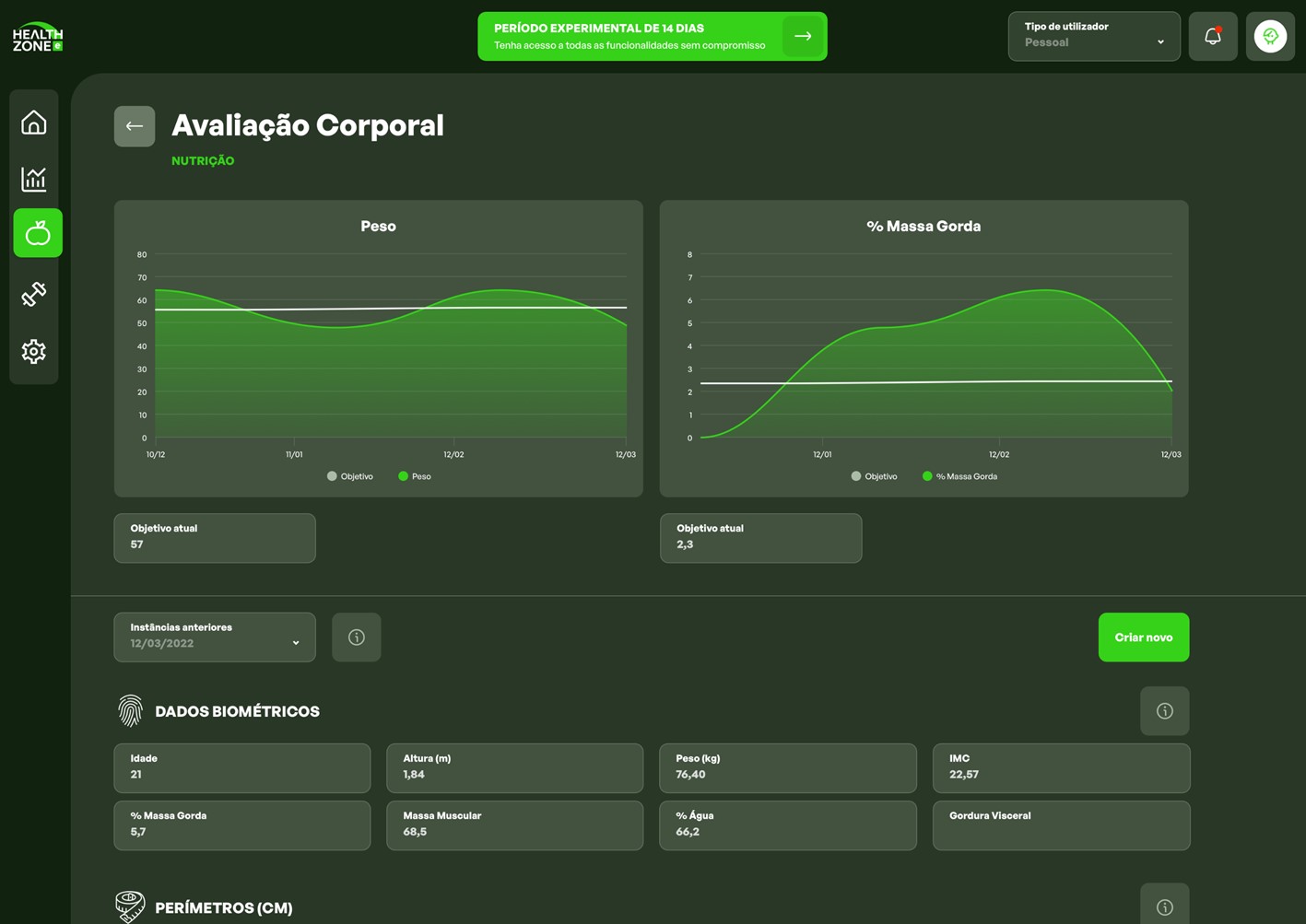 App de saúde e fitness. Avaliação Corporal.